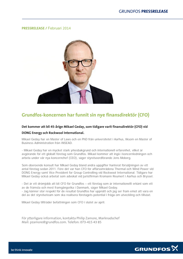 Grundfos-koncernen har funnit sin nye finansdirektör (CFO)
