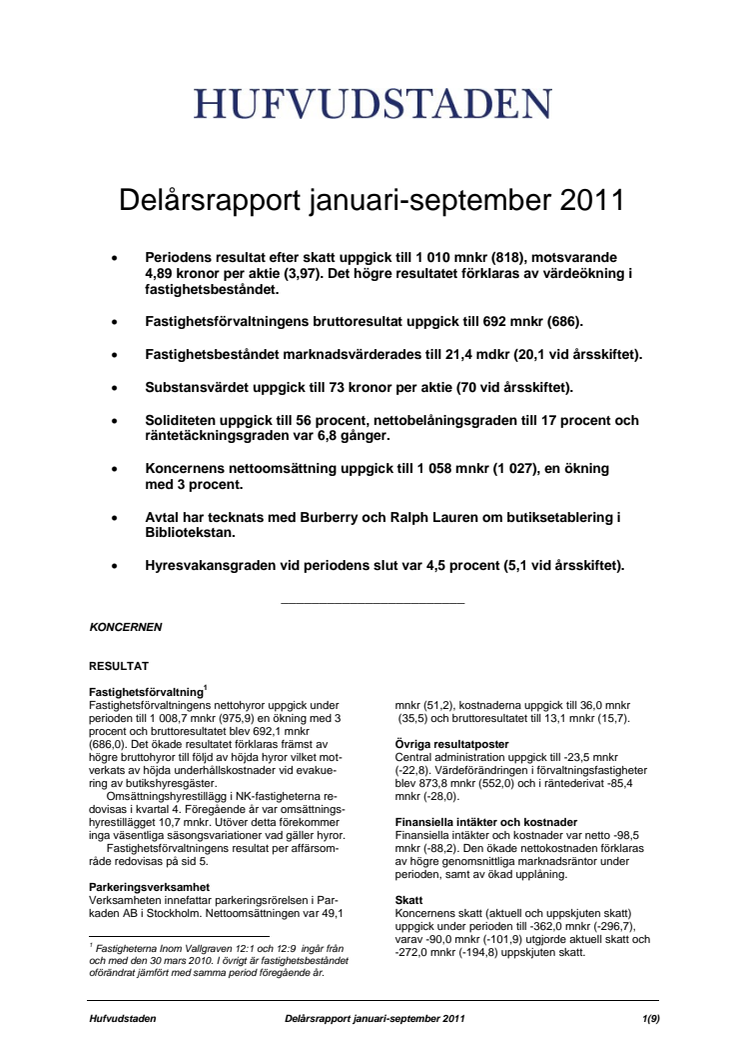 Delårsrapport januari - september 2011
