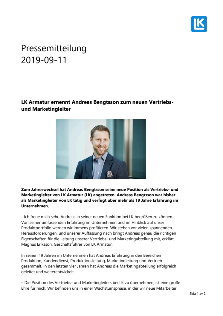 LK Armatur ernennt Andreas Bengtsson zum neuen Vertriebs- und Marketingleiter