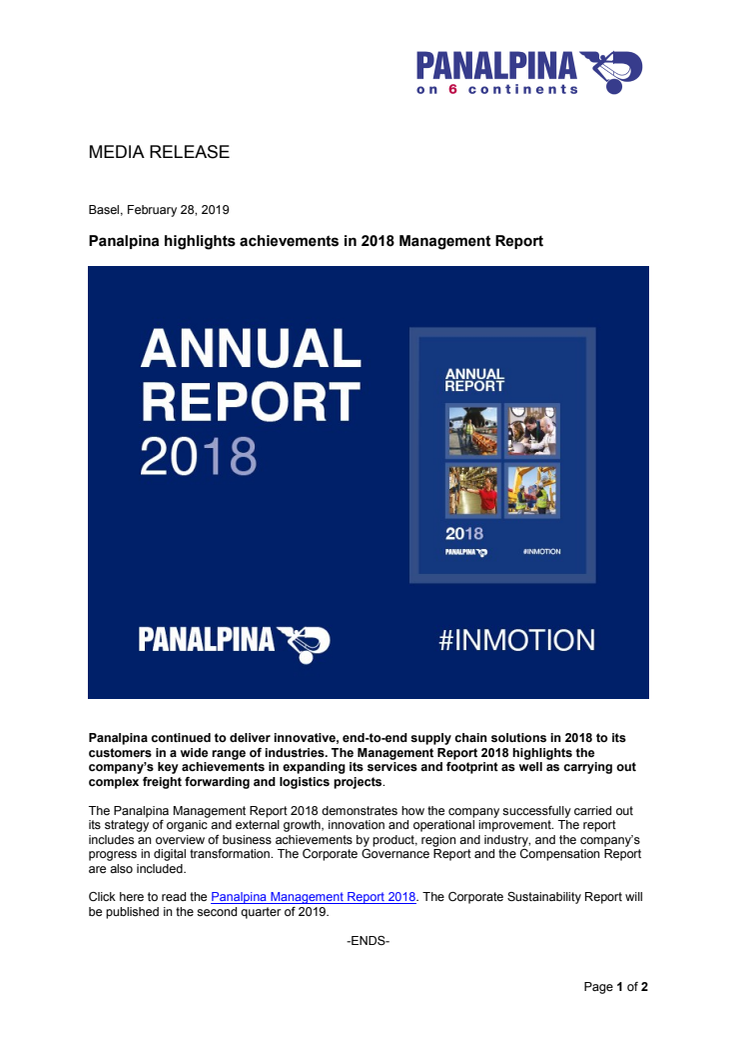 Panalpina highlights achievements in 2018 Management Report
