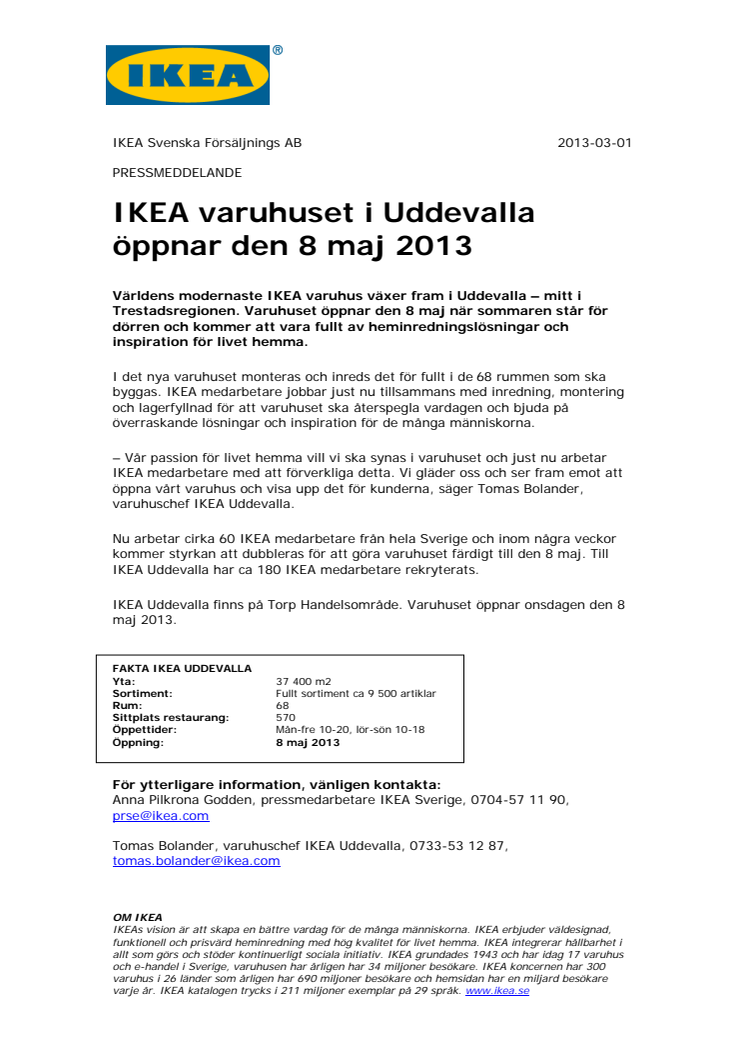 IKEA varuhuset i Uddevalla öppnar den 8 maj 2013