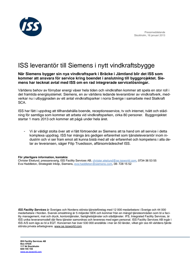 ISS leverantör till Siemens i nytt vindkraftsbygge