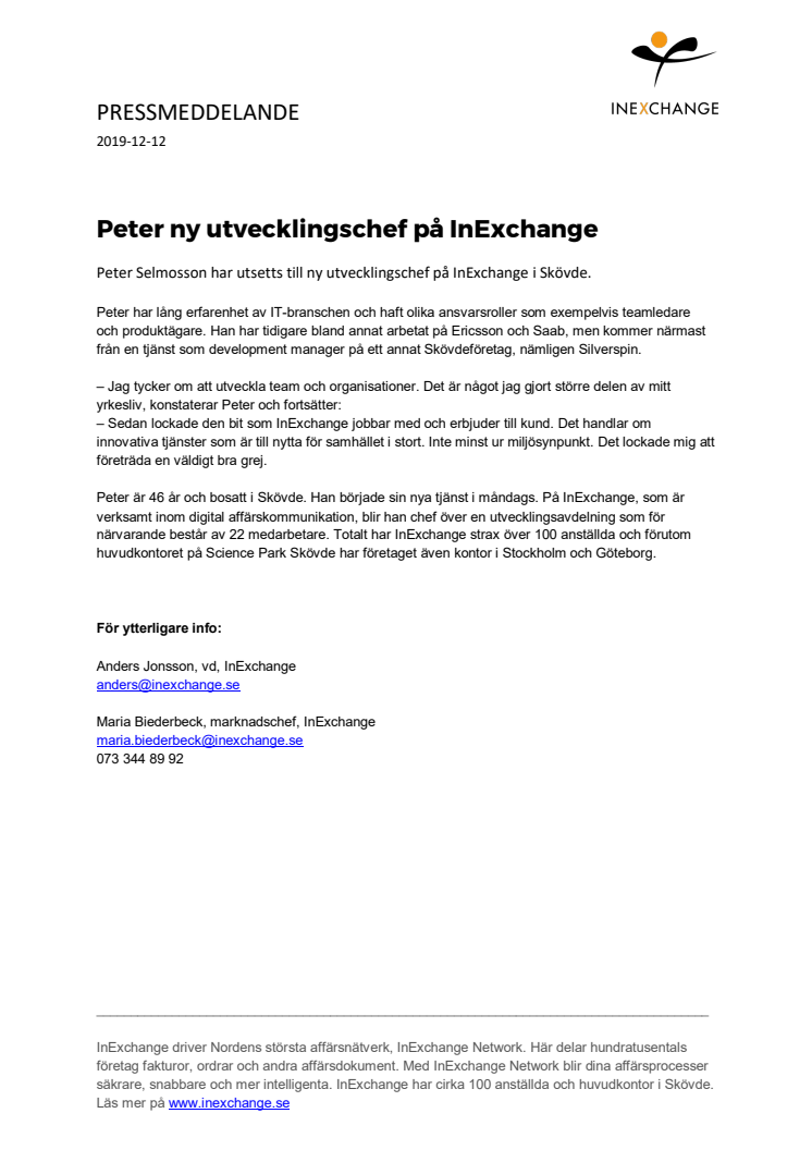 Peter ny utvecklingschef på InExchange