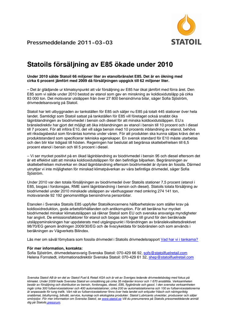 Statoils försäljning av E85 ökade under 2010