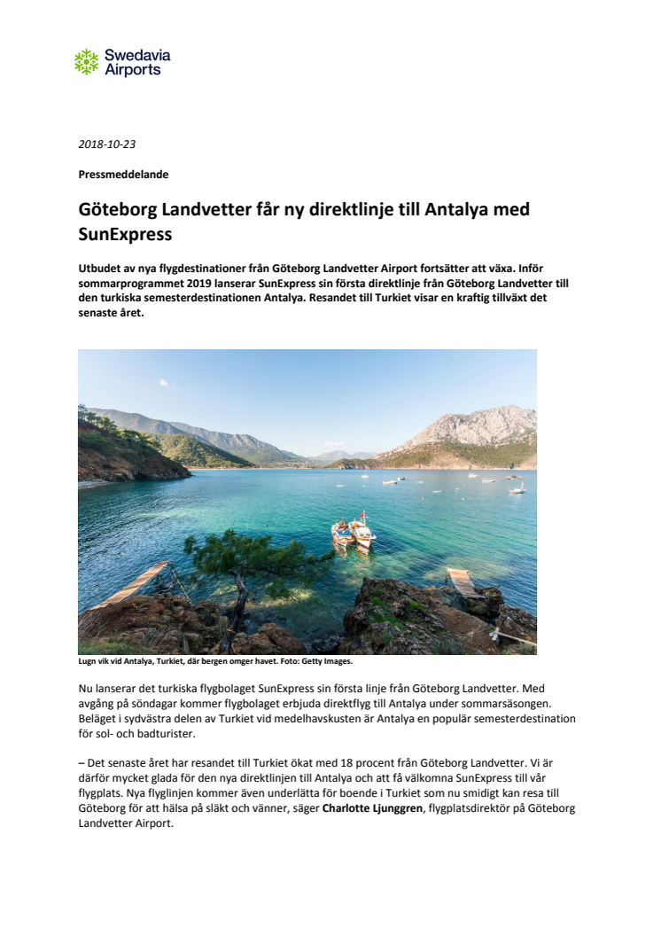 Göteborg Landvetter får ny direktlinje till Antalya med SunExpress