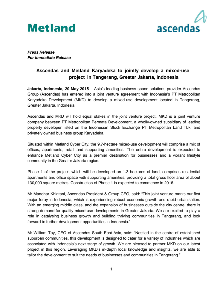 Ascendas and Metland Karyadeka to jointly develop a mixed-use project in Tangerang, Greater Jakarta, Indonesia