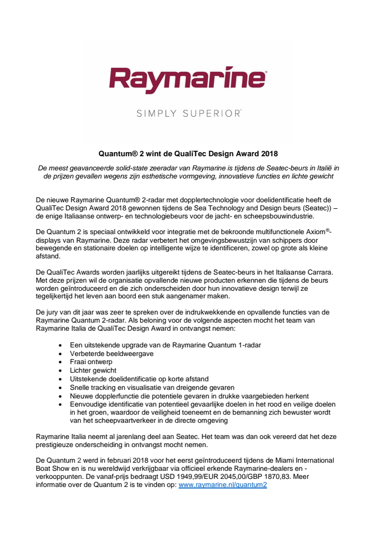 Raymarine: Quantum® 2 wint de QualiTec Design Award 2018 