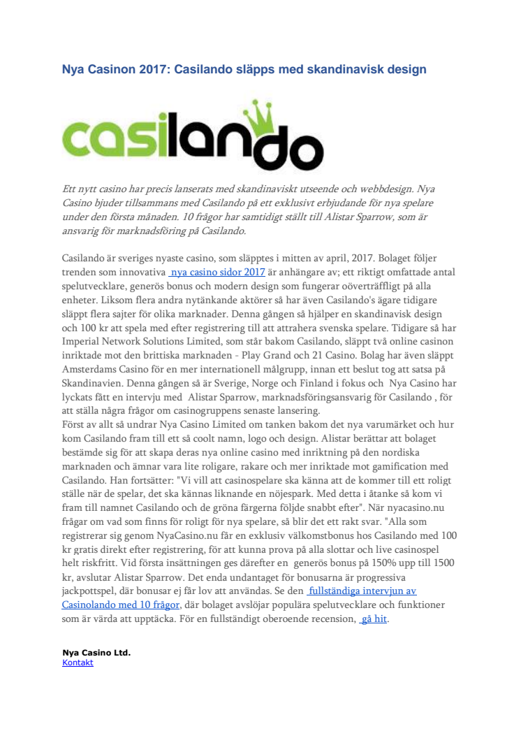 Nya Casinon 2017: Casilando släpps med skandinavisk design