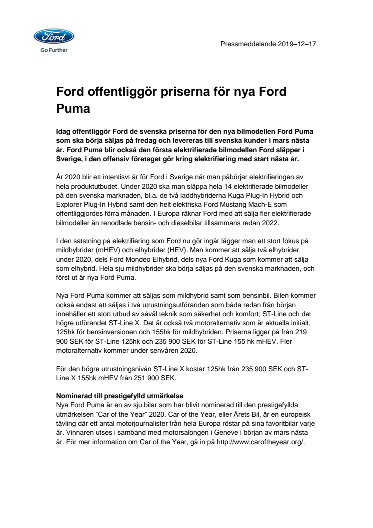 Ford offentliggör priserna för nya Ford Puma