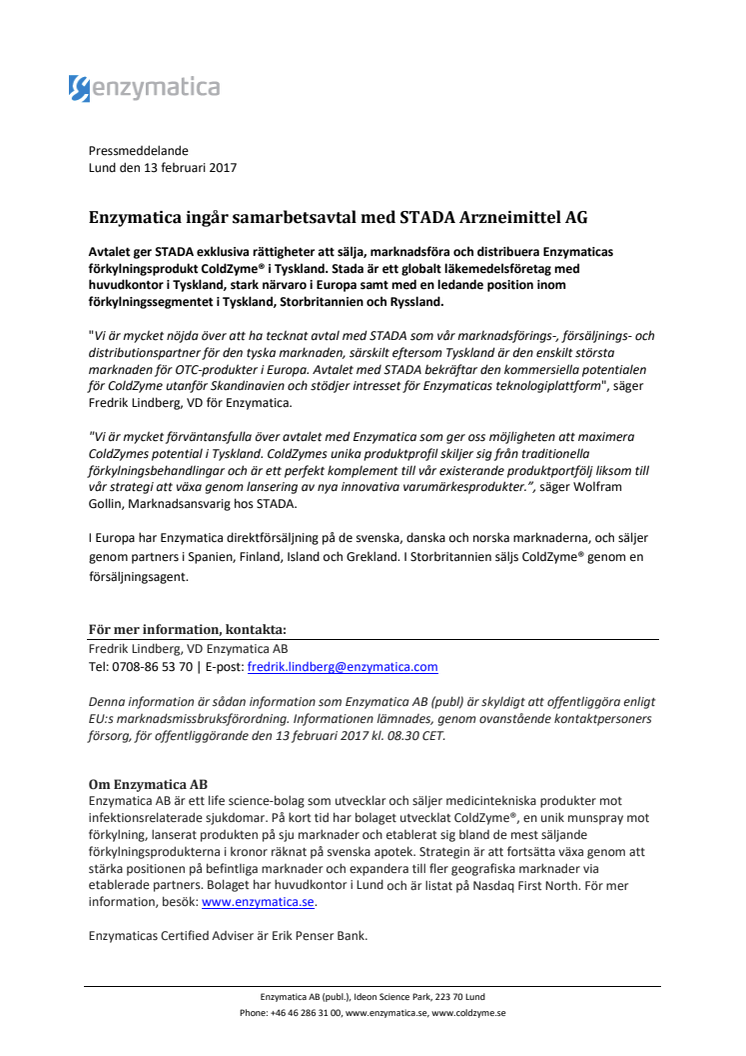 Enzymatica ingår samarbetsavtal med STADA Arzneimittel AG