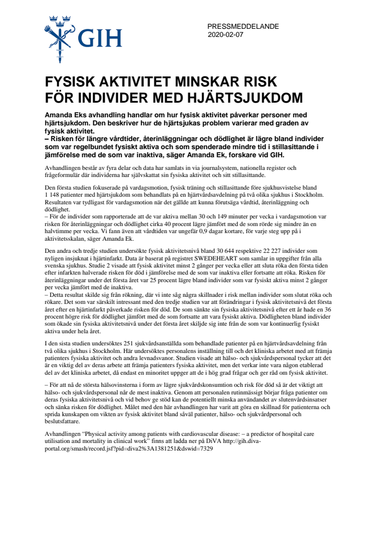 Fysisk aktivitet minskar risk  för individer med hjärtsjukdom