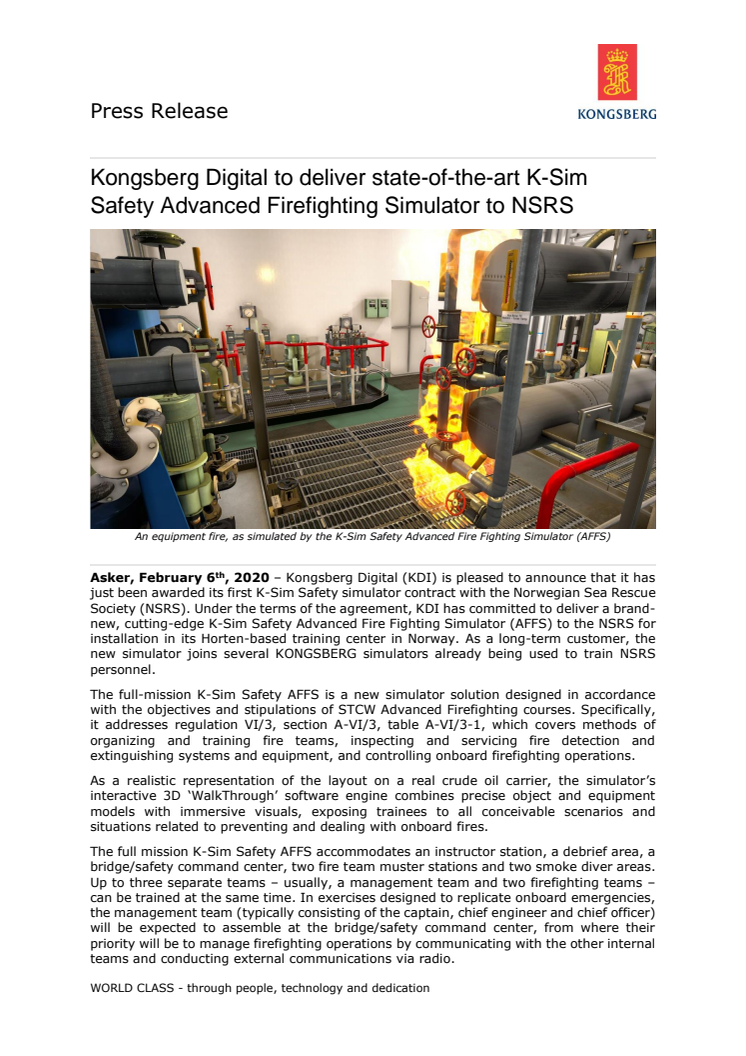 Kongsberg Digital to deliver state-of-the-art K-Sim Safety Advanced Firefighting Simulator to NSRS