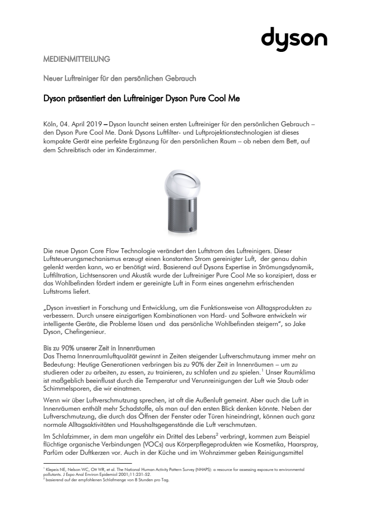 Neuer Luftreiniger für den persönlichen Gebrauch: Dyson präsentiert den Luftreiniger Dyson Pure Cool Me