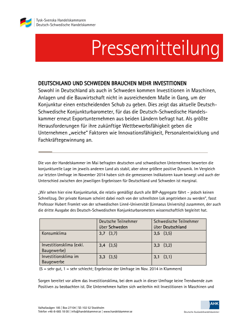 Deutsch-Schwedisches Konjunkturbarometer Mai 2015: Deutschland und Schweden brauchen mehr Investitionen