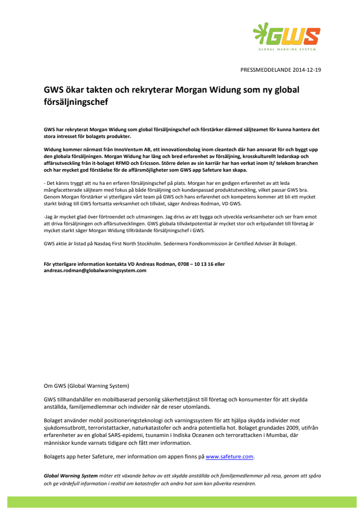 GWS ökar takten och rekryterar Morgan Widung som ny global försäljningschef 
