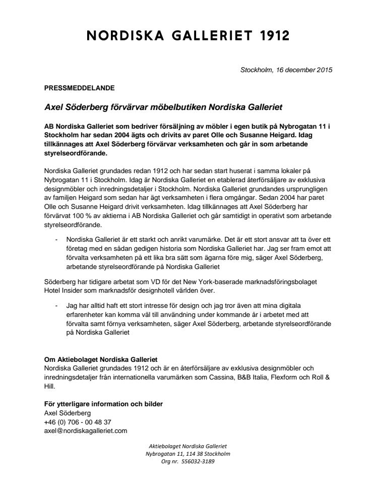Axel Söderberg förvärvar möbelbutiken Nordiska Galleriet 