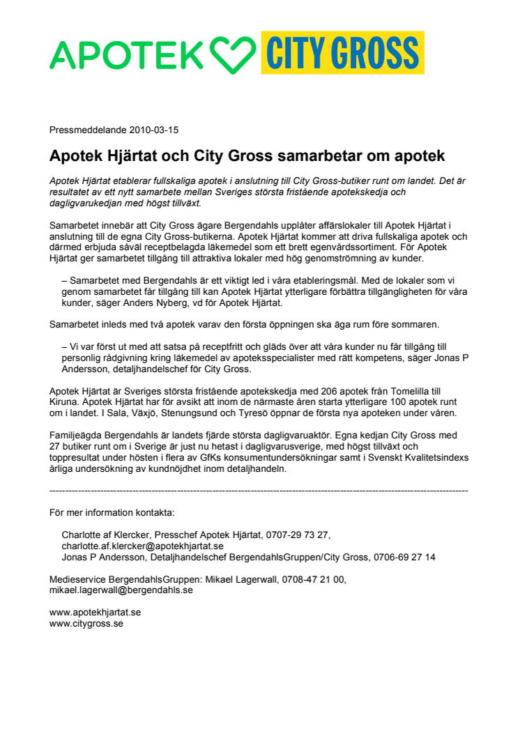 Apotek Hjärtat och City Gross samarbetar om apotek