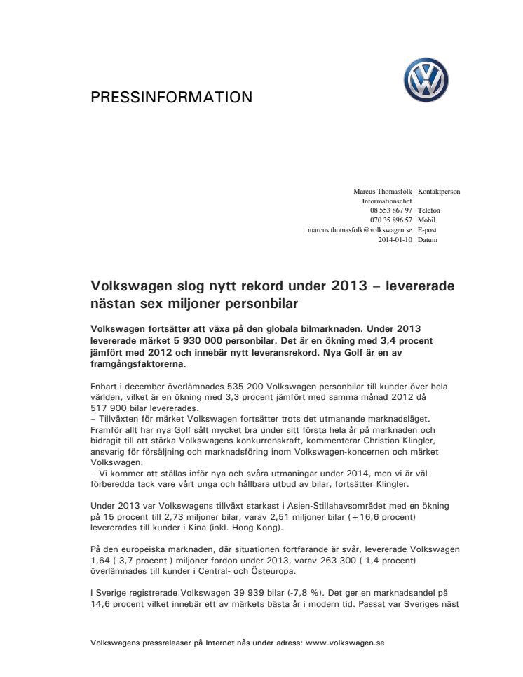 Volkswagen slog nytt rekord under 2013 – levererade nästan sex miljoner personbilar