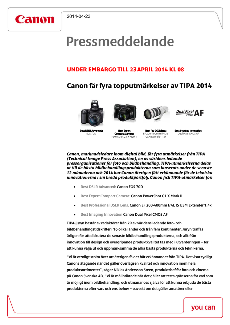 Canon får fyra topputmärkelser av TIPA 2014