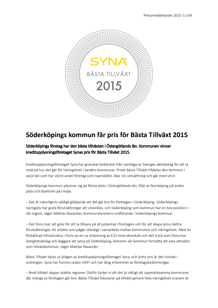 Söderköpings kommun får pris för Bästa Tillväxt 2015