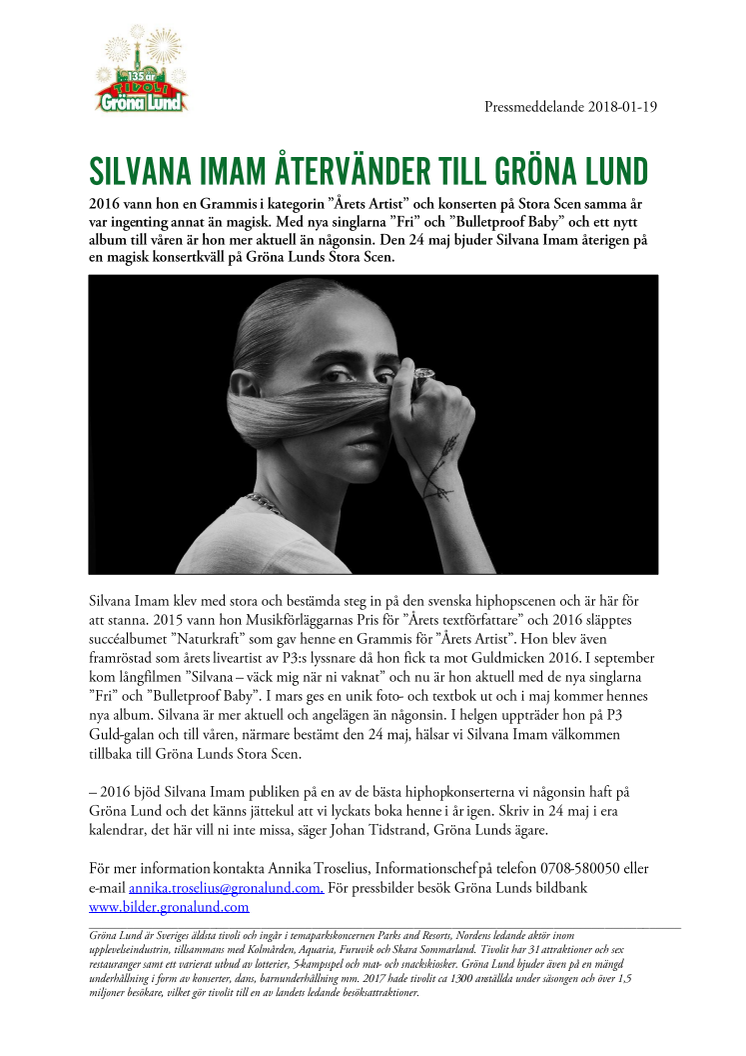 Silvana Imam återvänder till Gröna Lund