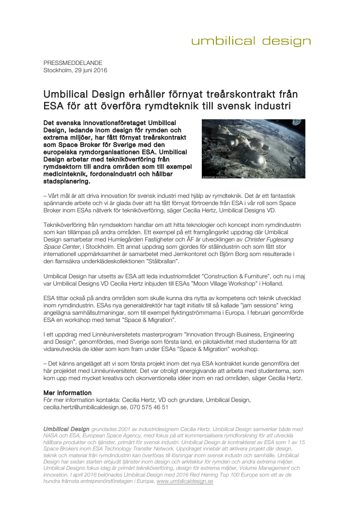 Umbilical Design erhåller förnyat treårskontrakt från ESA för att överföra rymdteknik till svensk industri  