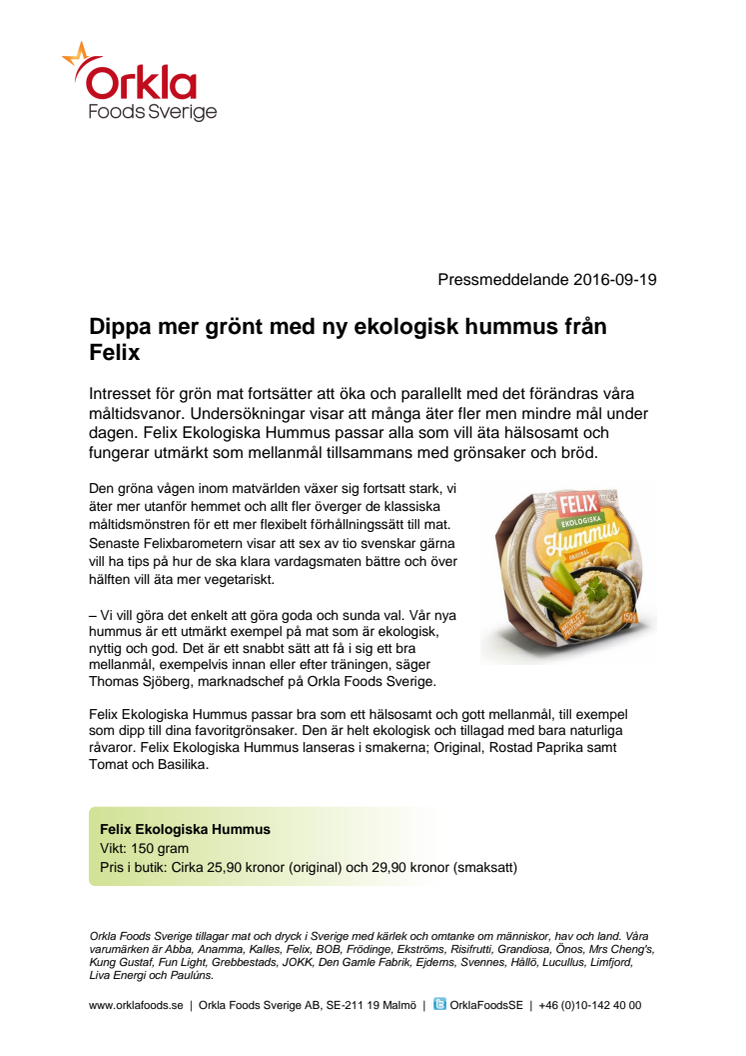 Dippa mer grönt med ny ekologisk hummus från Felix 