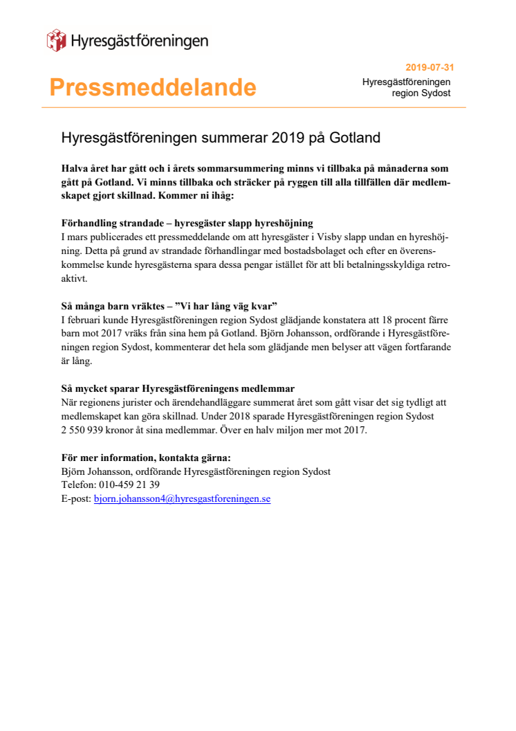 ​Hyresgästföreningen summerar 2019 på Gotland