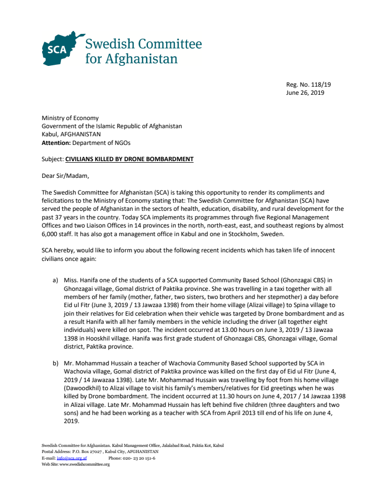 Letter to MoEc re security incidents in Paktika June 2019