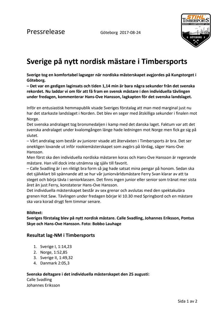 Sverige på nytt nordisk mästare i Timbersports