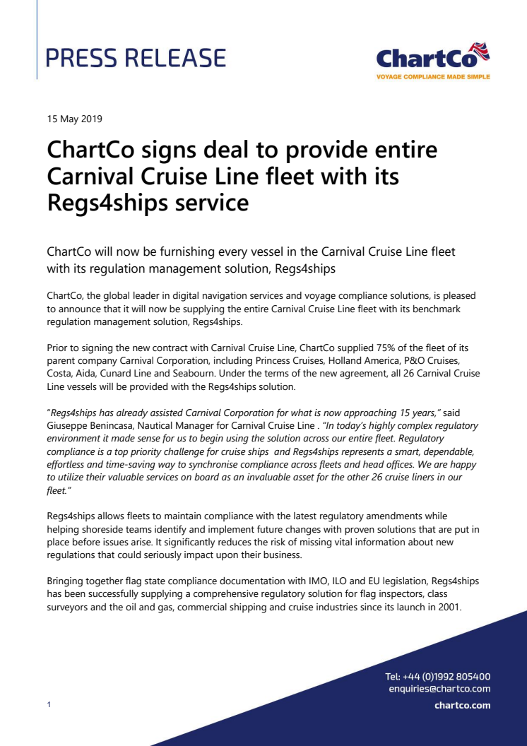 ChartCo signs deal to provide entire Carnival Cruise Line fleet with its Regs4ships service