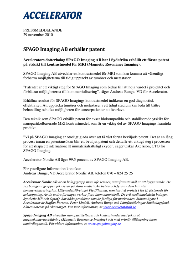 SPAGO Imaging AB erhåller patent