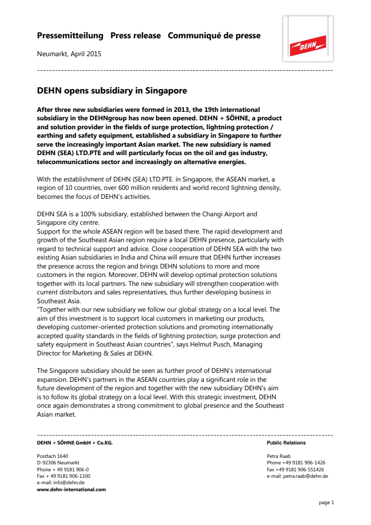 DEHN opens subsidiary in Singapore
