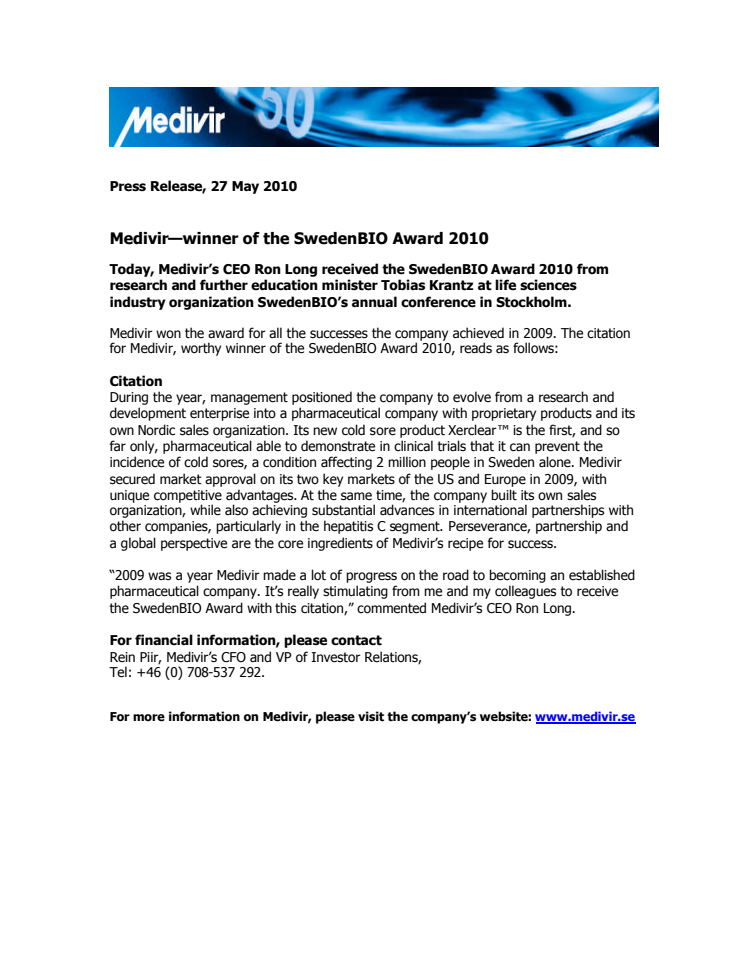 Medivir - Winner of Sweden BIO Award 2010