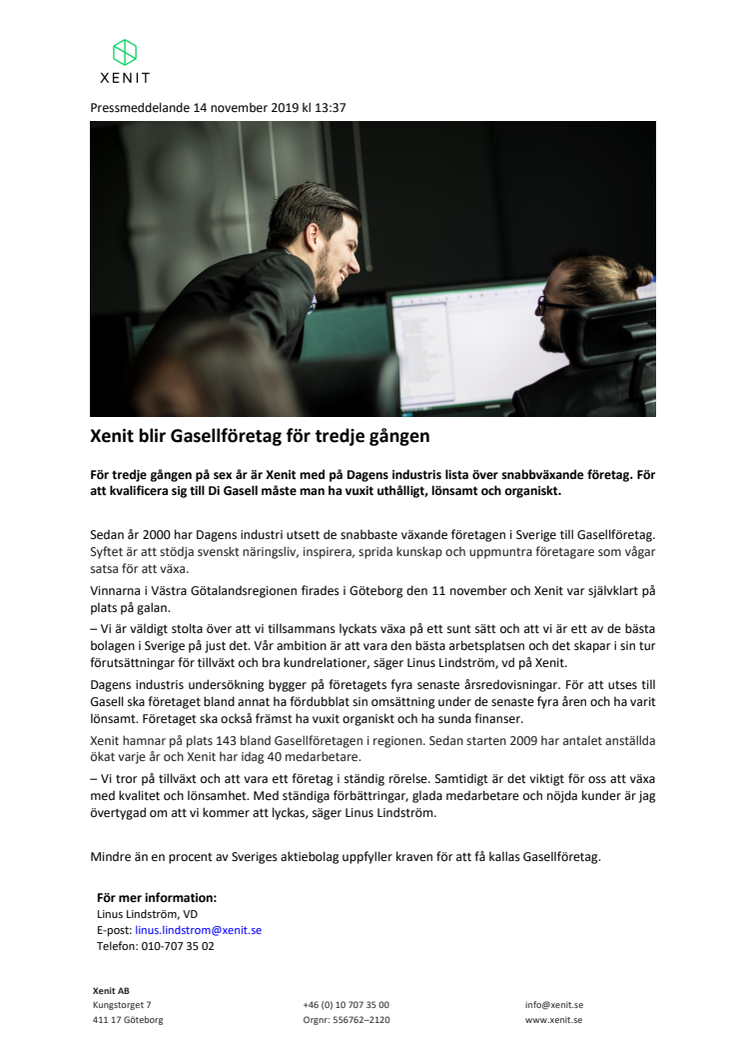 Xenit blir Gasellföretag för tredje gången