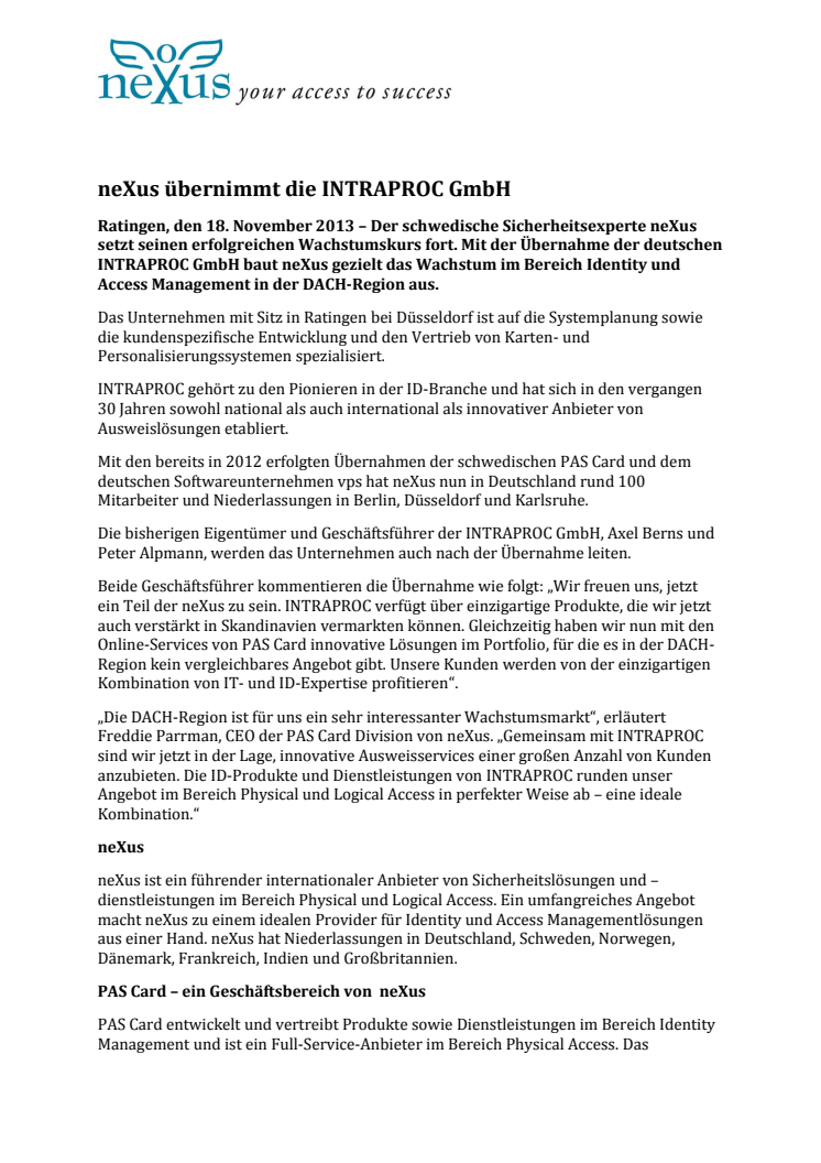 neXus übernimmt die INTRAPROC GmbH