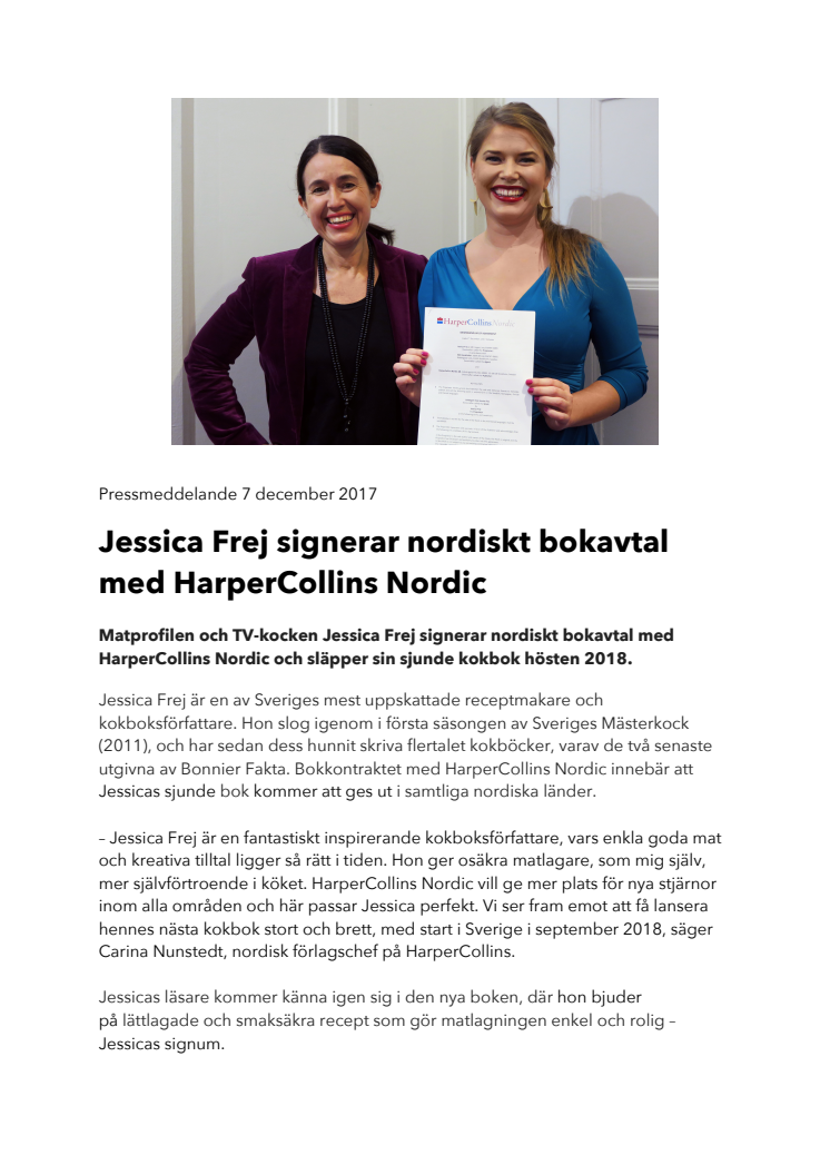 Jessica Frej signerar nordiskt bokavtal med HarperCollins Nordic
