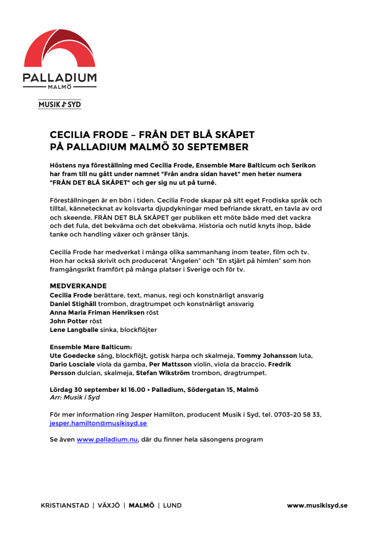 Cecilia Frode i nya föreställningen FRÅN DET BLÅ SKÅPET på Palladium Malmö 30 september