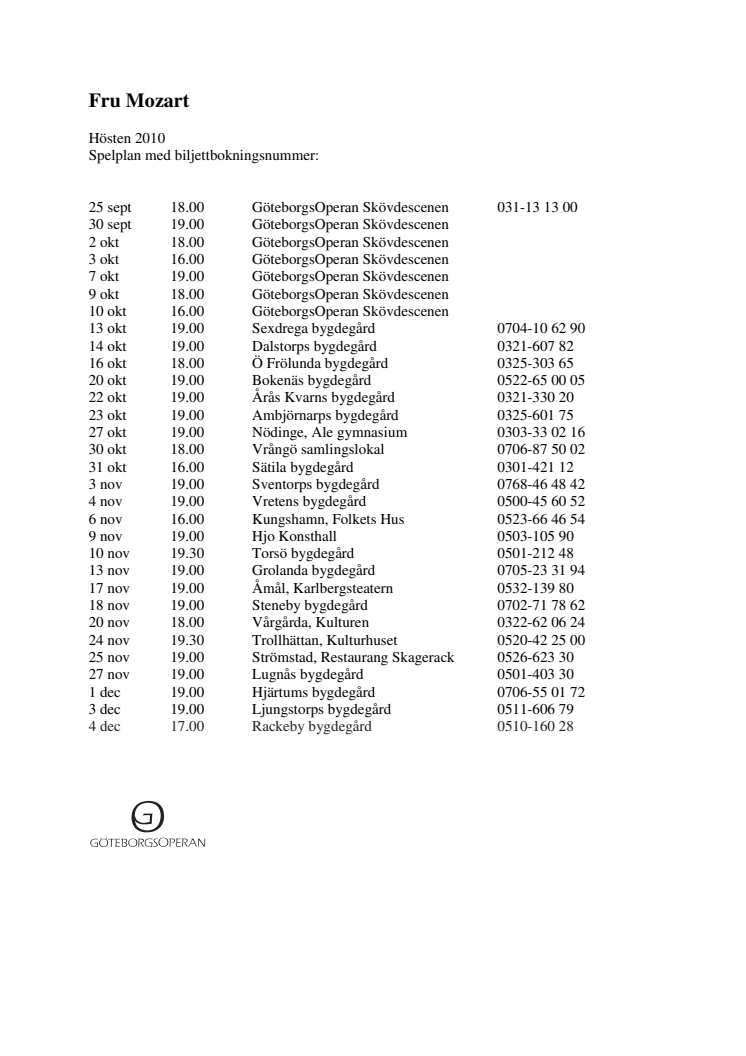 Fru Mozart spelplan med biljettbokning