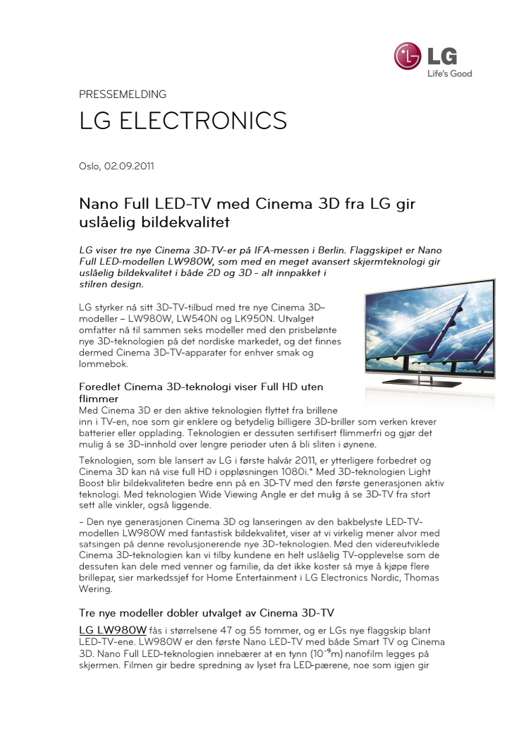 Nano Full LED-TV med Cinema 3D fra LG gir uslåelig bildekvalitet