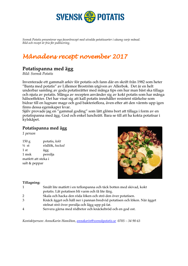 Månadens recept november - Potatispanna med ägg