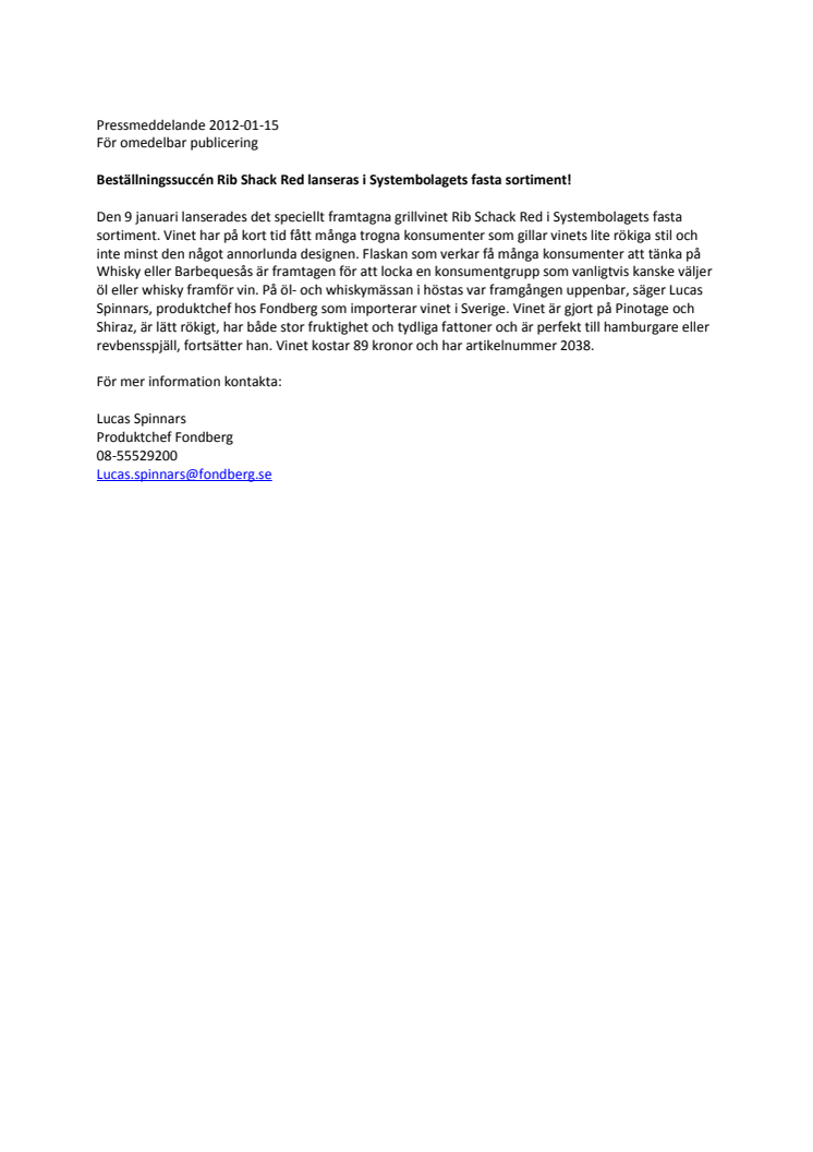 Beställningssuccén Rib Shack Red lanseras i Systembolagets fasta sortiment!