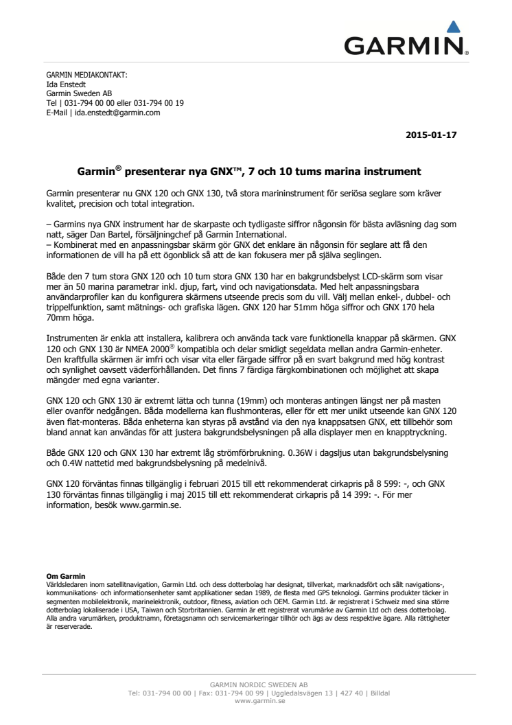 Garmin® presenterar nya GNX™, 7 och 10 tums marina instrument