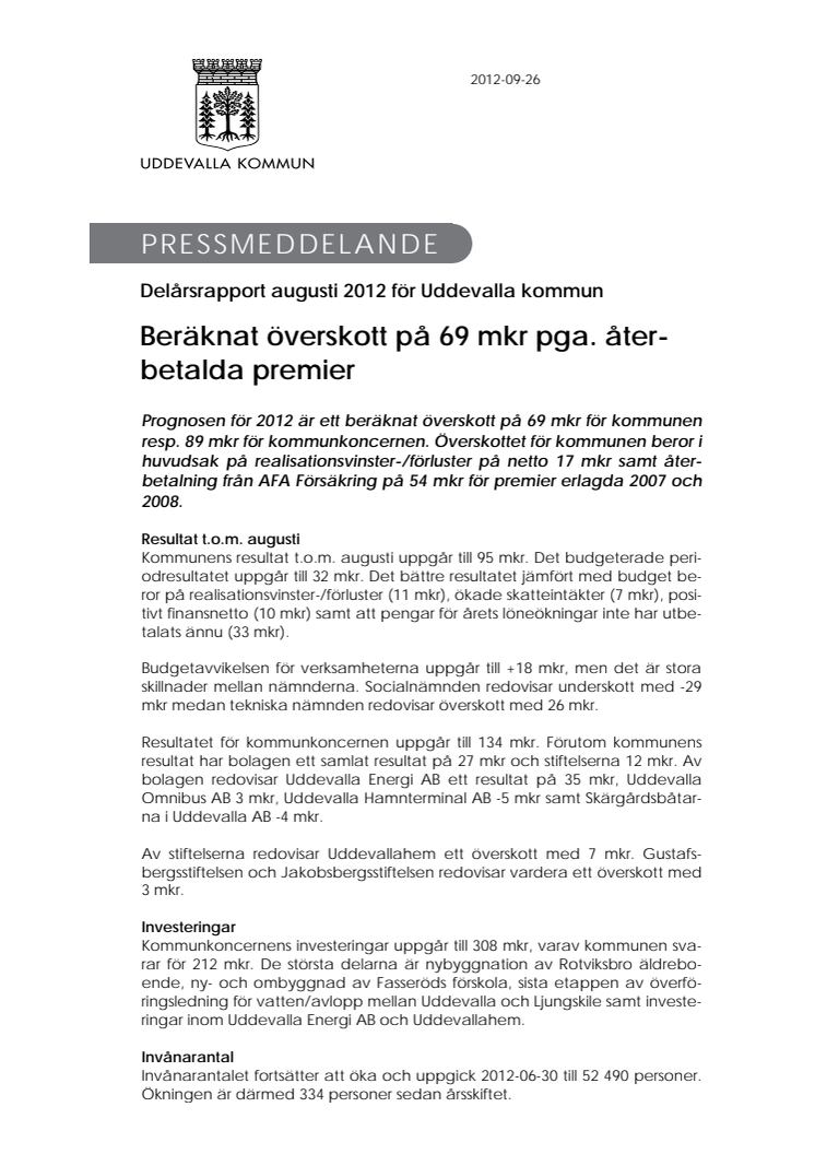 Återbetalda premier ger ett överskott på 69 mkr enligt delårsrapporten 