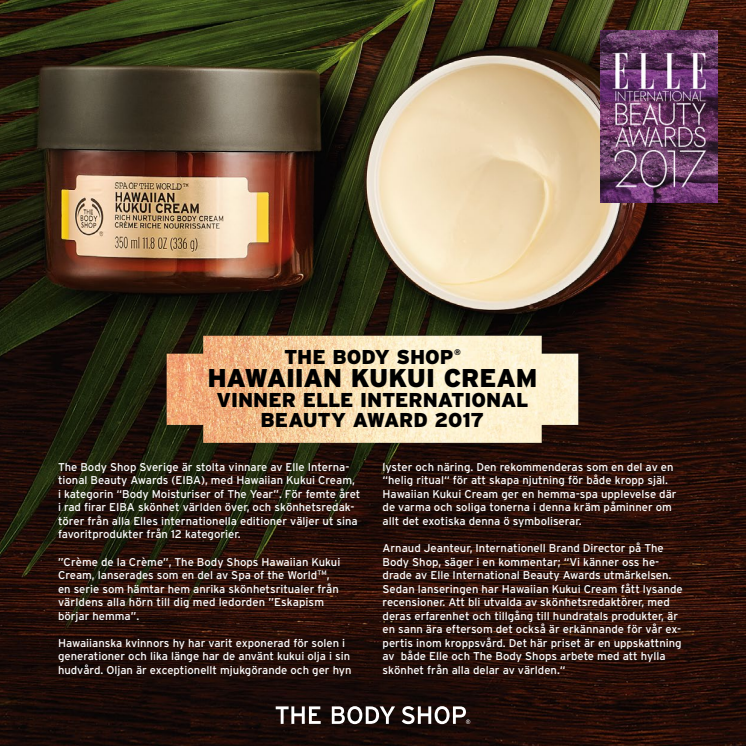 The Body Shop Hawaiian Kukui Cream vinner Elle International Beauty Award 2017