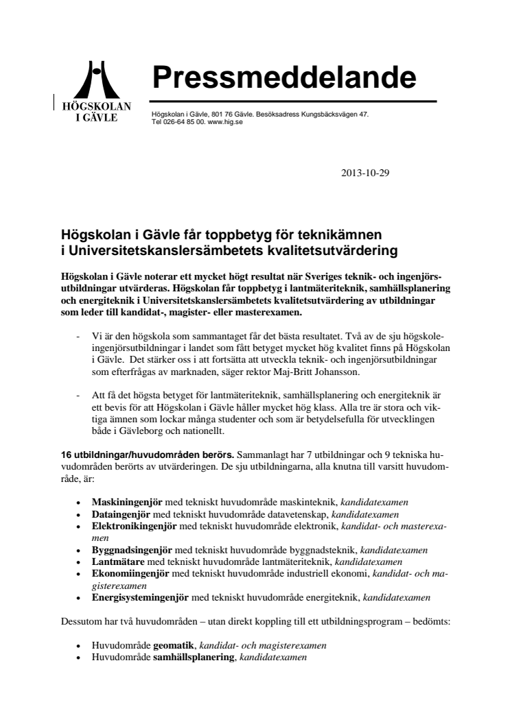 Högskolan i Gävle får toppbetyg för teknikämnen i Universitetskanslersämbetets kvalitetsutvärdering