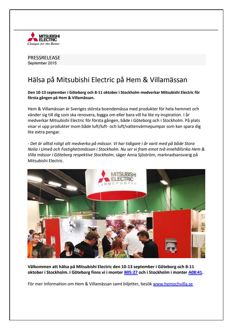 Hälsa på Mitsubishi Electric på Hem & Villamässan