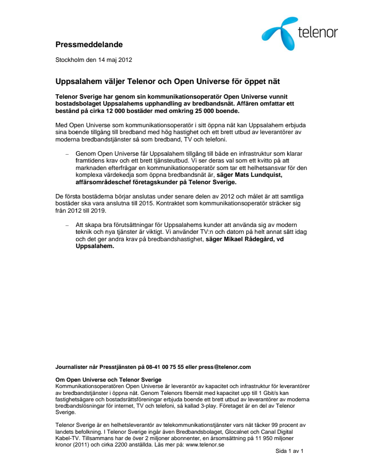 Uppsalahem väljer Telenor Sverige och Open Universe för öppet nät