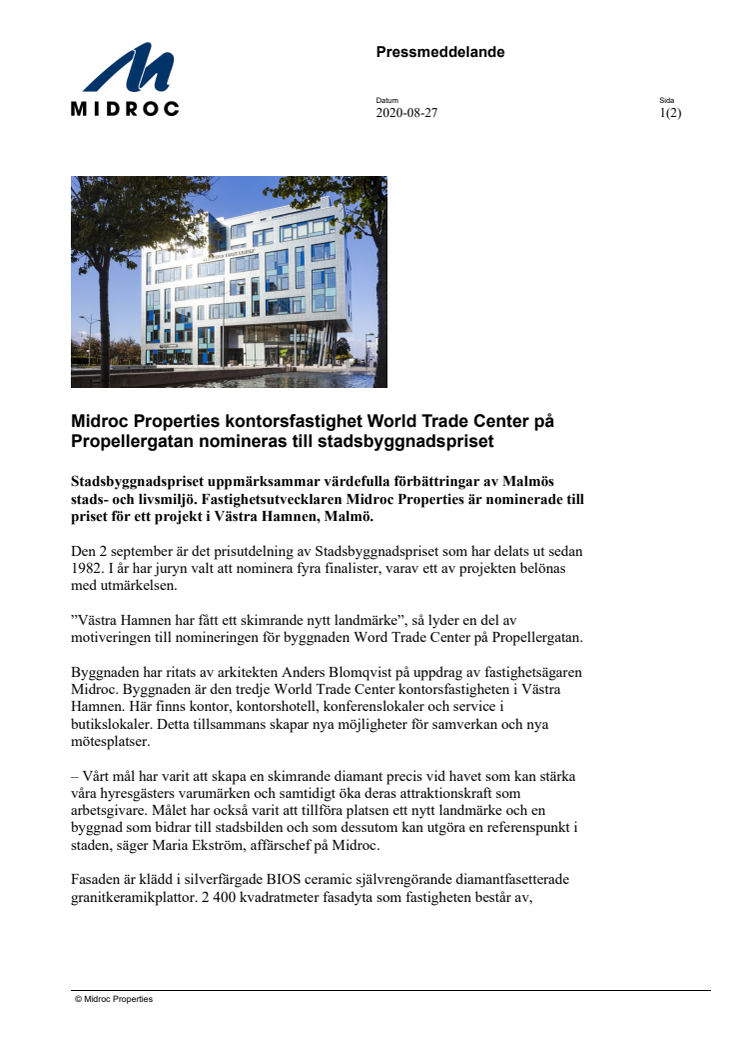 Midroc Properties kontorsfastighet World Trade Center på Propellergatan nomineras till stadsbyggnadspriset