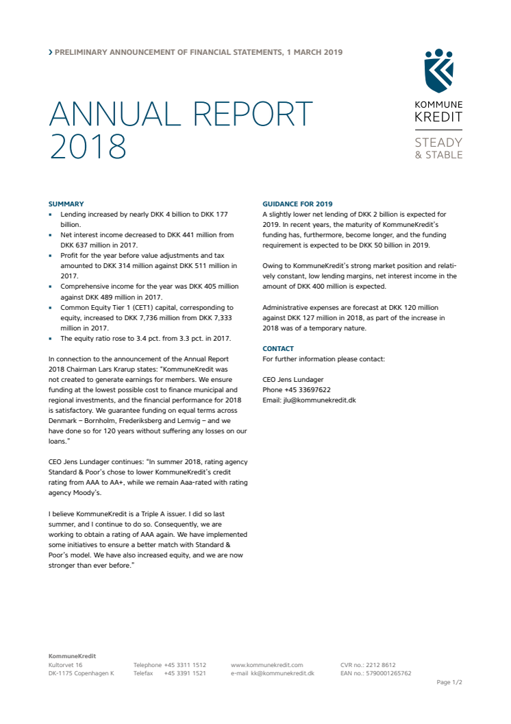 Preliminary Announcement of Financial Statements 1 March 2019